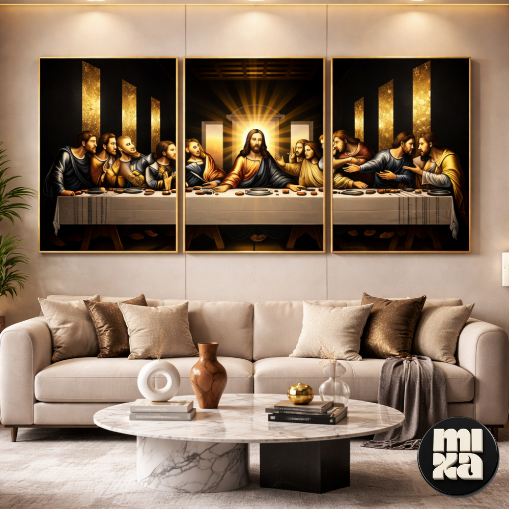Quadro Decorativo Santa Ceia 3 Peças Dourado Luxo – Quadro Religioso Jesus Cristo Última Ceia