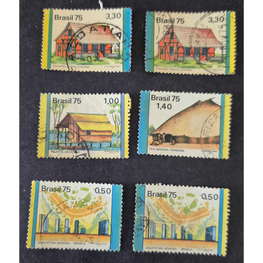 Selo dos correios, parte da série habitações no Brasil, selos usados. Filatelia
