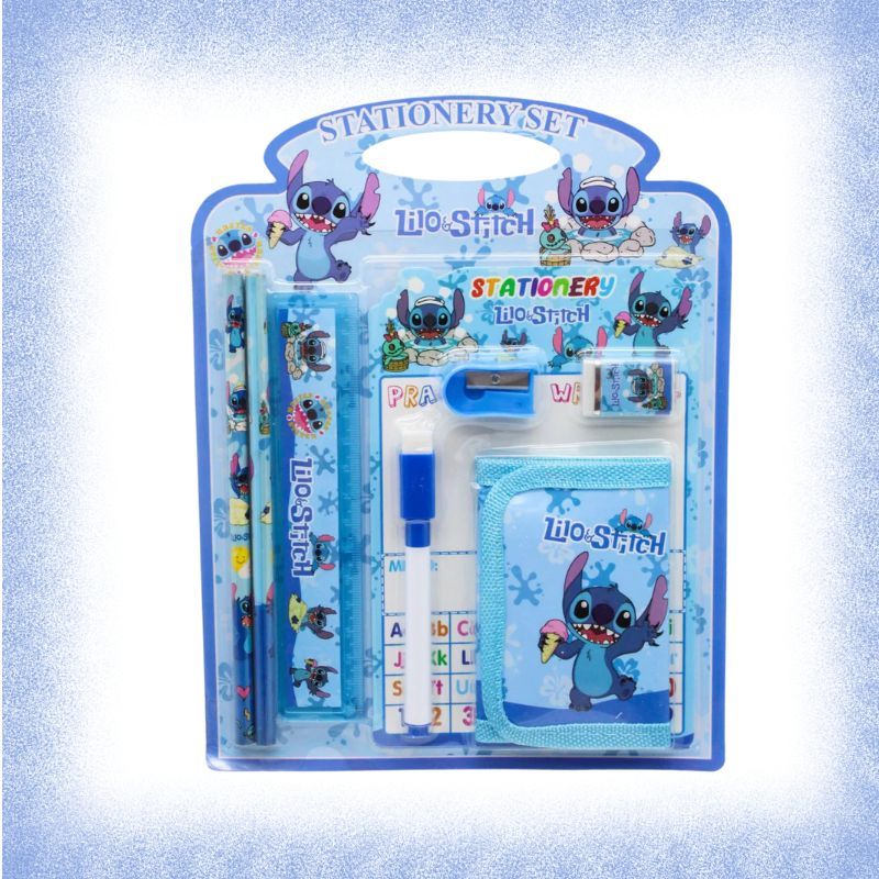 Kit Escolar Lilo & Stitch | Lápis HB, Régua, Apontador, Carteira, Mini Lousa + Caneta com Apagador
