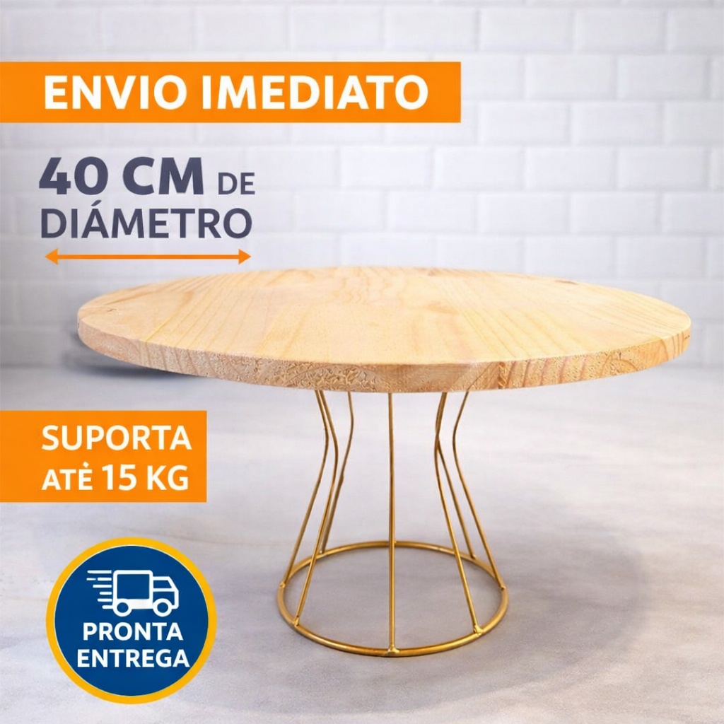 Boleira 40cm Bandeja para Bolos Festa 15kg Artesanal Madeira Pinus Ferro Gold Pintura Eletrostática
