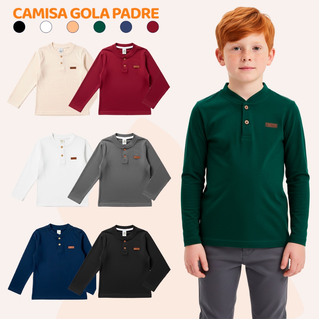 Kit 2 Camiseta Manga Longa Sortidas Social Infantil Menino  Gola Padre Henley Casual Camisa Bebê Masculino Premium