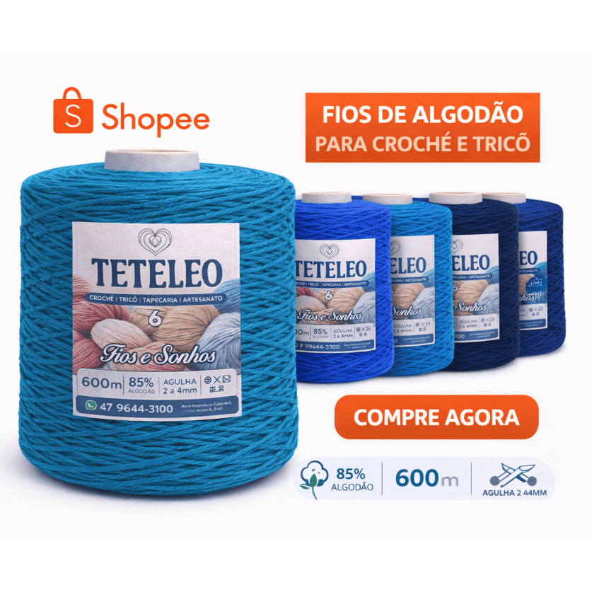 Barbante Nº6 TeTeLeo 600m – 85% Algodão Premium | Macio, Antialérgico, Não Desbota | Crochê e Tricô