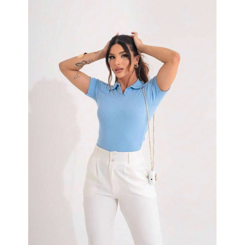 BLUSA GOLA POLO MODA FEMININA BÁSICO CASUAL SOCIAL TRABALHO RIBANA ALGODÃO MANGUINHA VERÃO DIA A DIA ELEGANTE