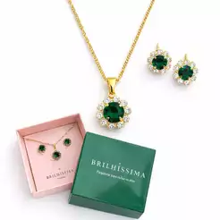 Conjunto colar brinco flor redondo zirconia strass cristal banhado ouro ponto luz