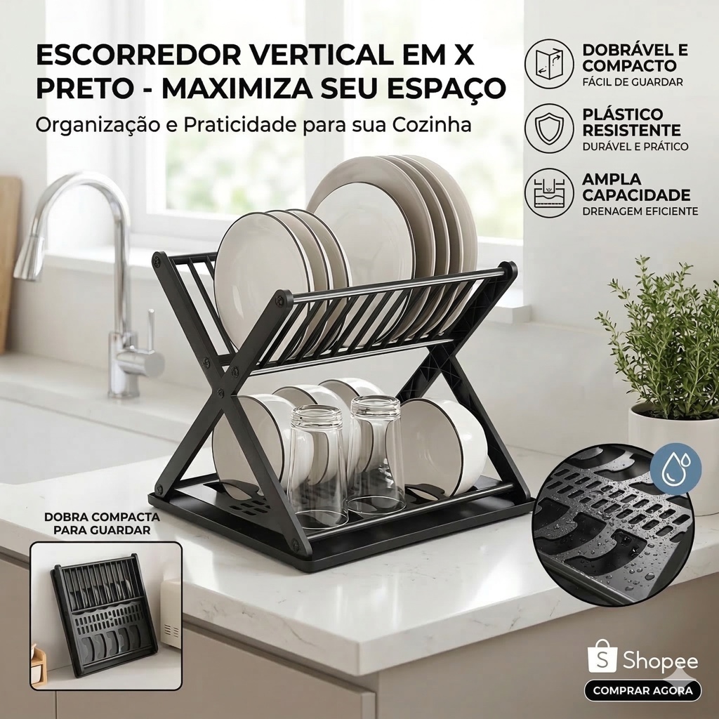 ESCORREDOR DE LOUÇAS DUPLO LOUÇA COZINHA – PLÁSTICO RESISTENTE | 30 x 30 x 27 cm | PRETO
