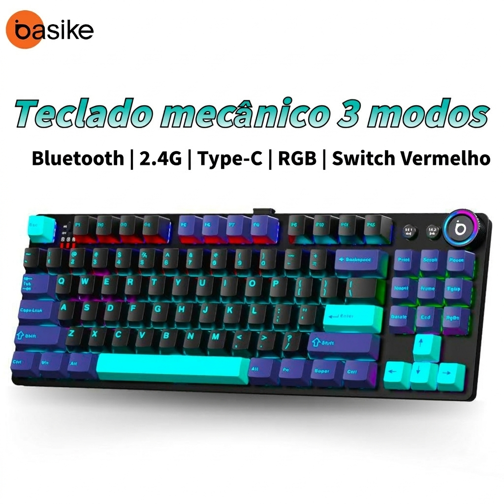 Basike Teclado Mecânico Gamer 3 Modos 2.4GHz sem fio Bluetooth RGB Switch Vermelho 87 Teclas com Luz Retroiluminada