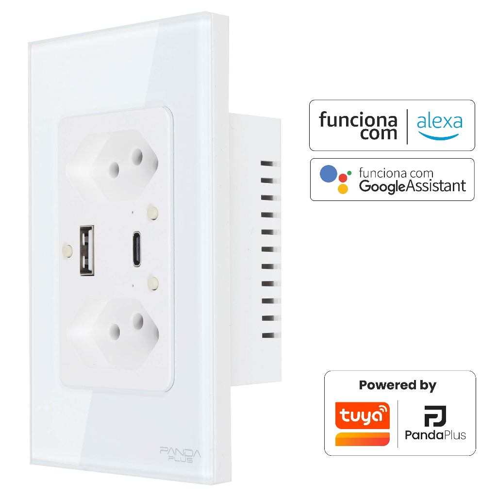 Tomada Inteligente Wifi Dupla USB-A/C Carrega Rápido 10A Bivolt Smartlife Tuya Panda Plus Alexa Google Controle Voz App