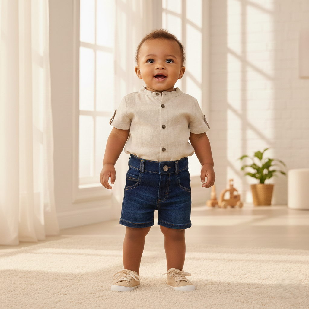 Roupa Menino Bebê Conjunto Bege Camisa Social Botões Shorts Jeans Conforto e Estilo