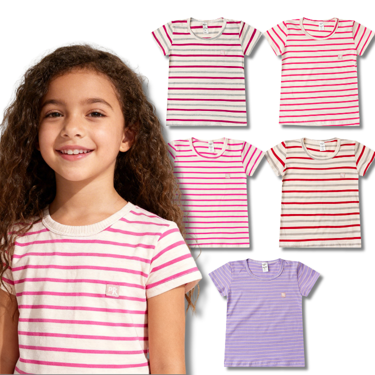 Kit Sortido 4 Camisetas Listradas Feminina/Menina Infantil e Juvenil - Blusa Manga Curta Escolar
