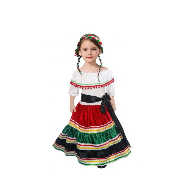 Fantasia vestido infantil feminina cigana festa mexicana luxo cosplay Itu