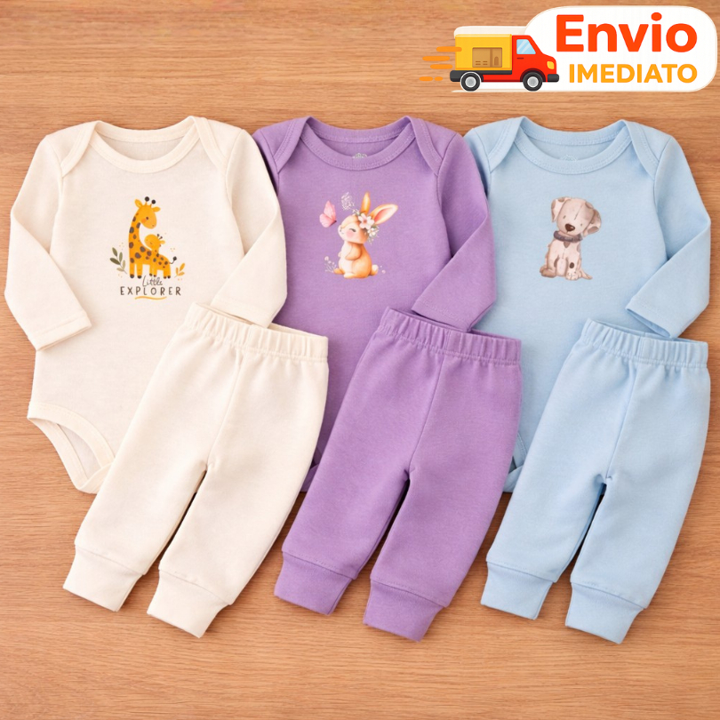 Conjunto Body Manga Longa Calça Algodão 100% Estampado Moda Bebê Frio Confortável Quentinho