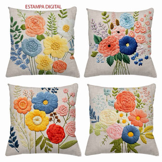 KIT 4 CAPAS DE ALMOFADAS FLORAL FLORES PRIMAVERA E GIRASSOL  TAMANHO 45X45