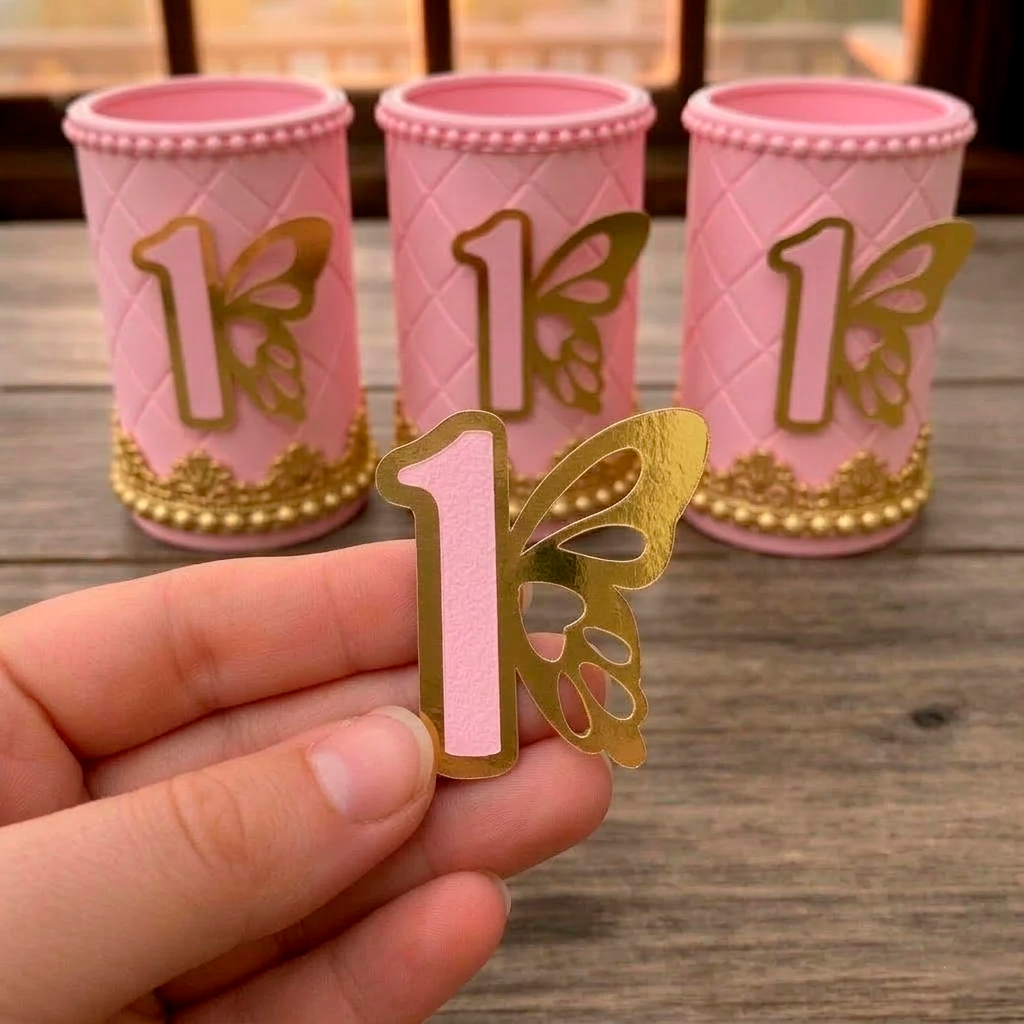 Envio Rápido - Aplique Luxo Números Rosa Borboleta para Tubete/Tubolata/Caixinhas (10/20/40/50 un.)