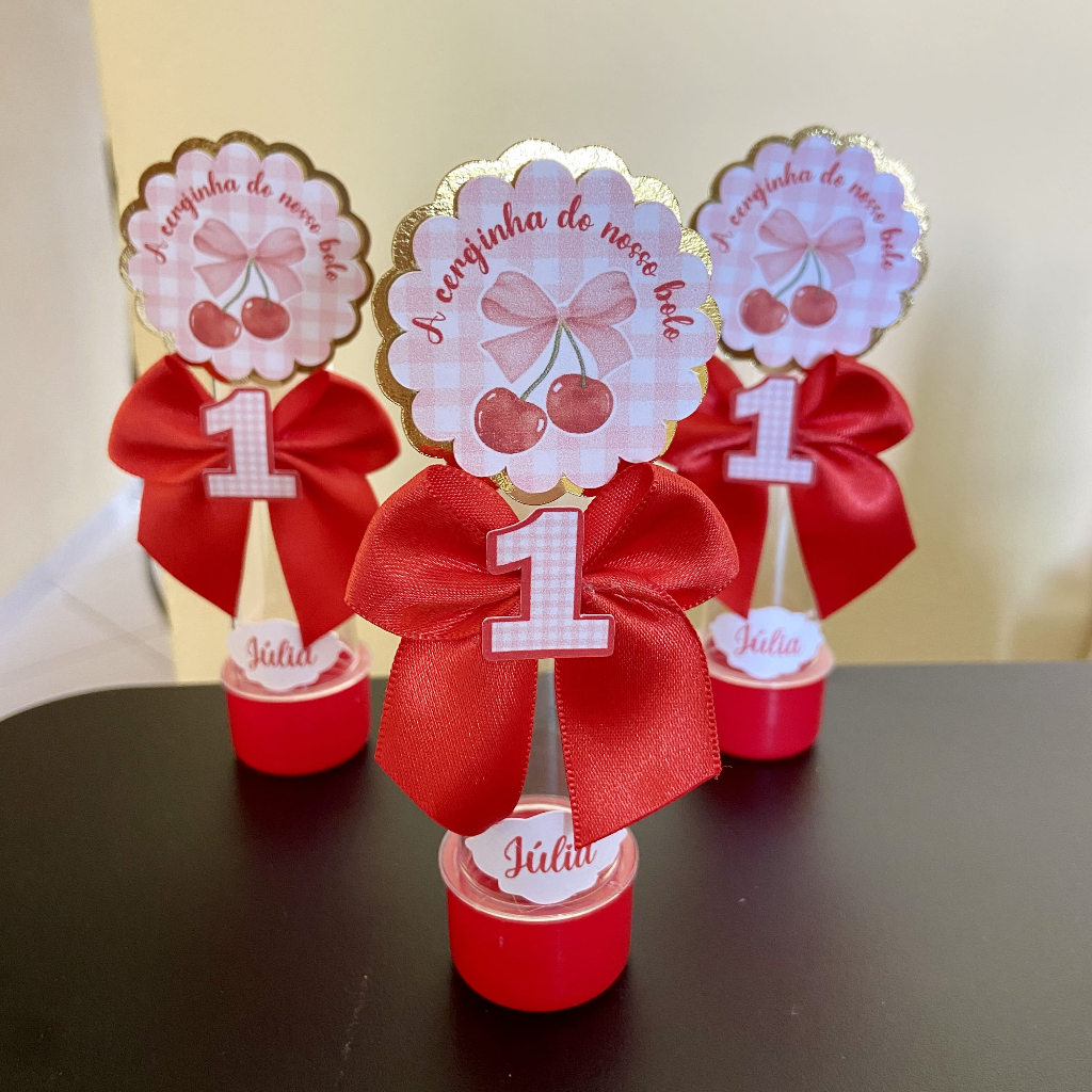 Kit Tubete Cereja | Cerejinha do bolo | Com nome, idade e lacinho | lembrancinha festa infantil