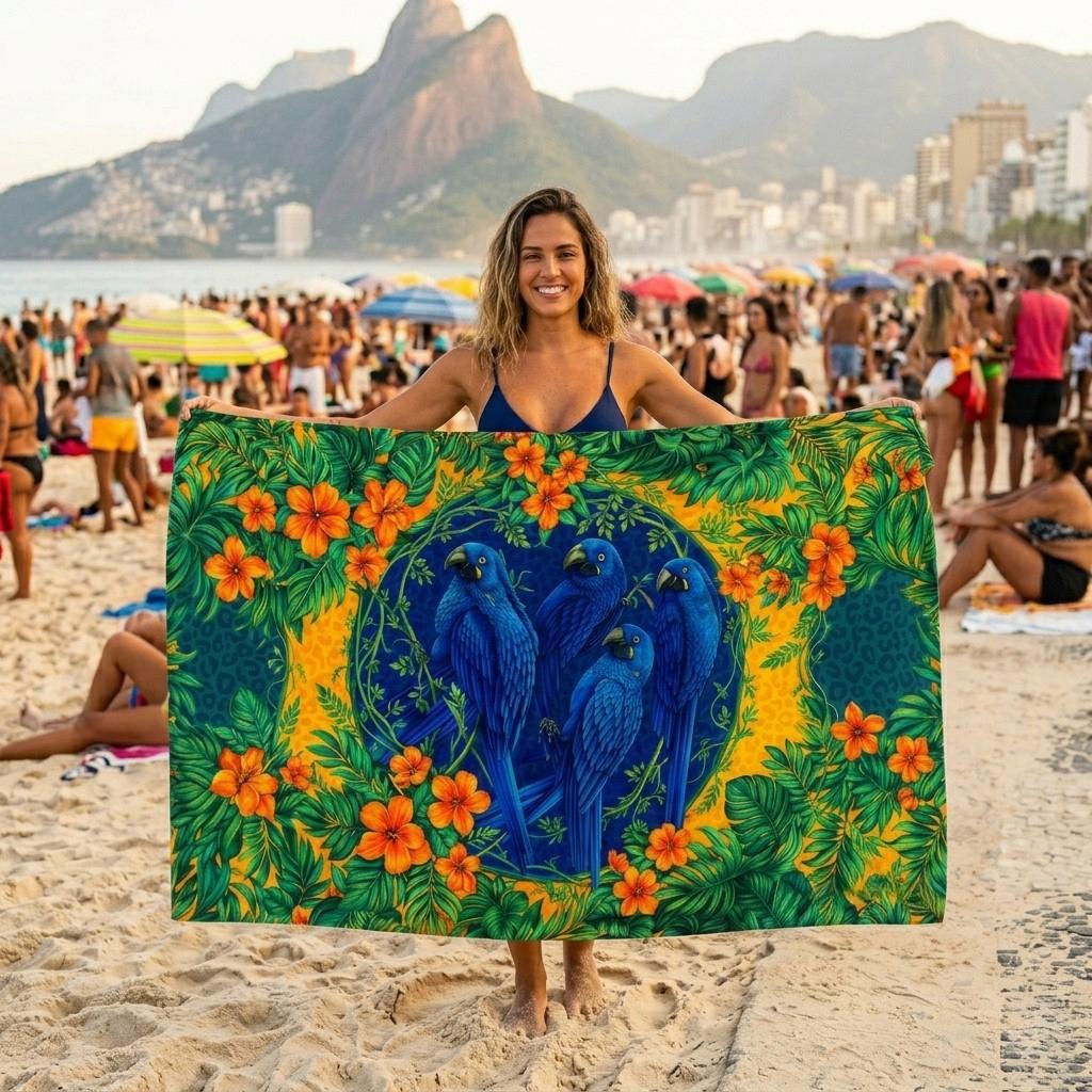 Canga de Praia Estampa Araras-Azuis & Hibiscos - Secagem Rápida - 1,48x1m