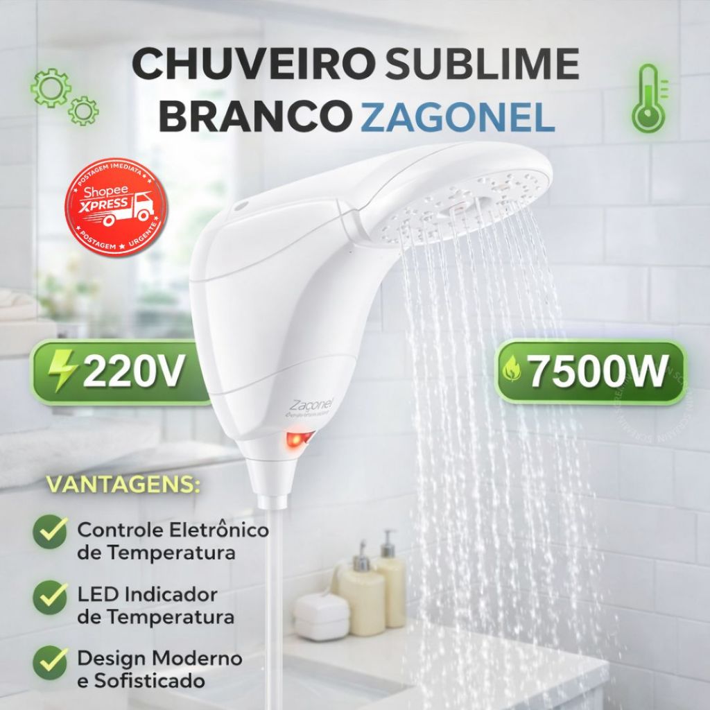 Chuveiro Eletrônico Zagonel Sublime Branco 7500W 220V Com LED Controle de Temperatura Moderno em Oferta na Shopee
