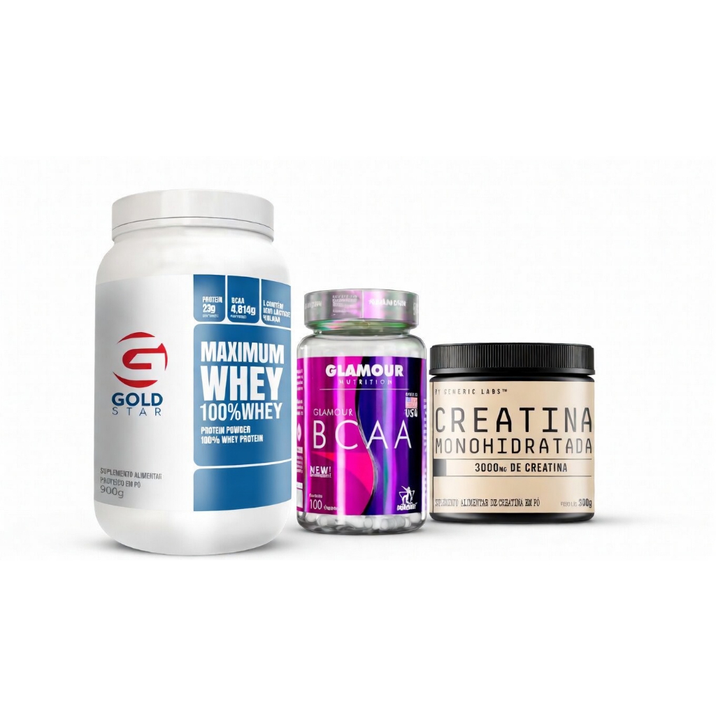 Kit Whey Protein 900g + Creatina Monohidratada 300g + BCAA 100 Caps Ganho de Massa e Energia