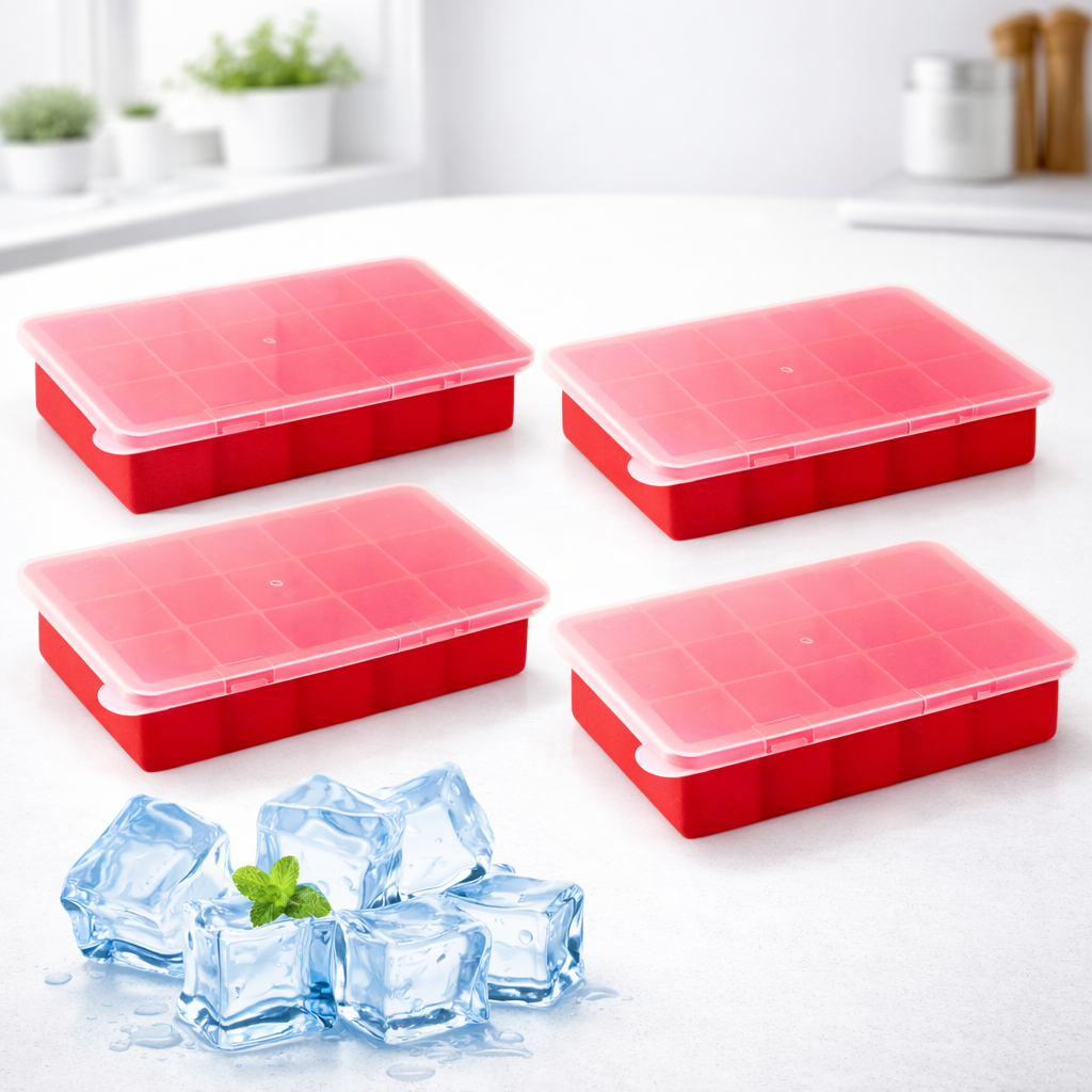 Kit 4 Formas De Gelo De Silicone 15 Cubos Livre BPA Com Tampa Para Papinha Bebê em Oferta na Shopee