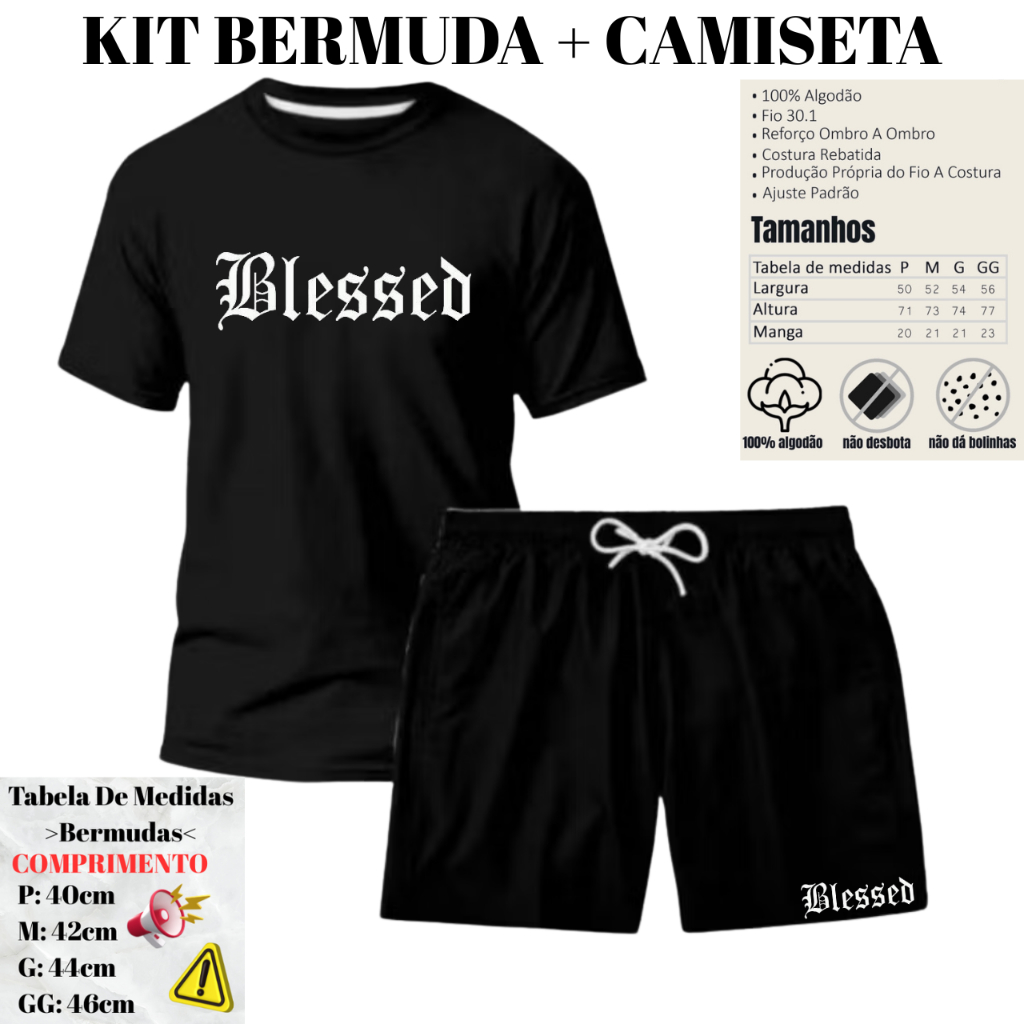 Kit Conjunto Blessed Masculino Camiseta Algodão + Bermuda Tactel Premium Confortável P ao GG