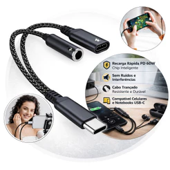 Adaptador USB OTG 2 Em 1 Tipo C P2 3,5mm Áudio Para Fone De Ouvido Conector Carregamento Gamer Celular Notebook Type C