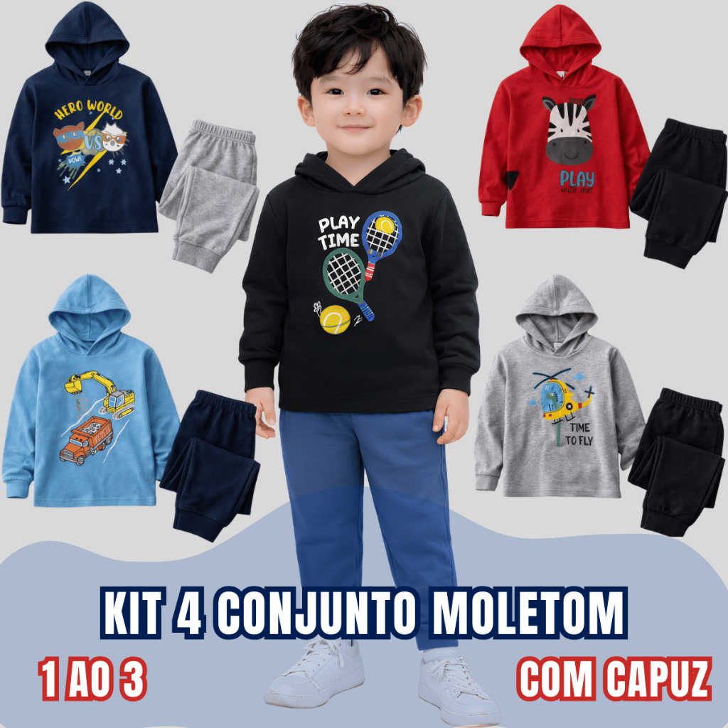 Kit 4 Conjunto Capuz Moletom Inverno Masculino Tam 1 ao 3 Estampado Confortável Gatinho Escola Macio