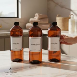 Kit Dispenser Organizador de Lavanderia 3 Frascos de Plástico Ambar 1L Amaciante Alvejante Sabão Líquido