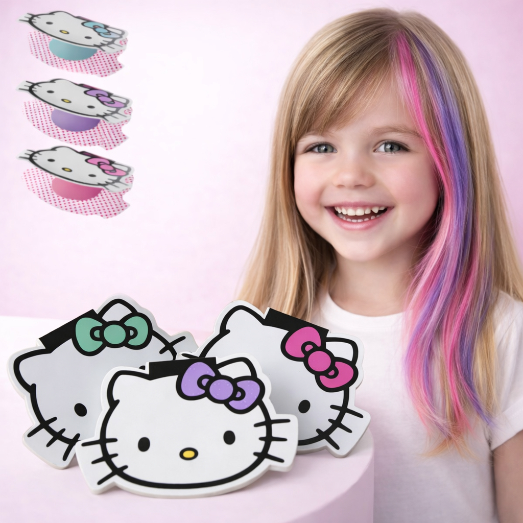 Kit Pinta Mechas Infantil Hello Kitty Rosa Verde Roxo Temporário Cabelo Colorido