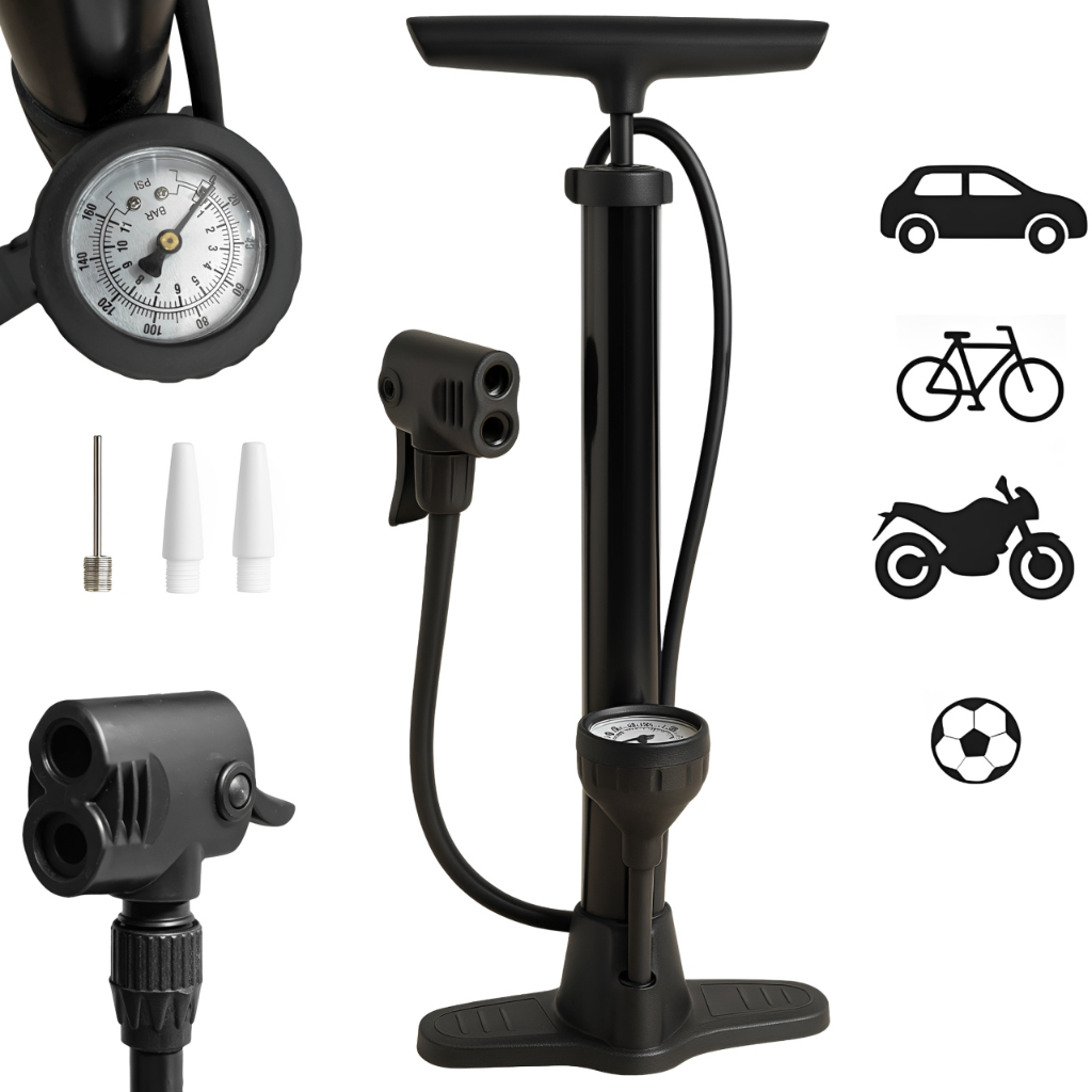 Bomba De Ar Manual 60cm com Manômetro 160psi para Pneus Carros e Bola + 3 Bicos Adaptadores