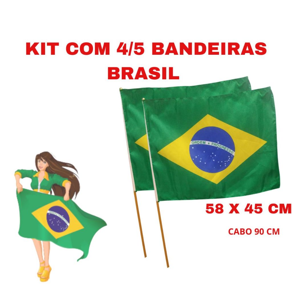 Kit Bandeira do Brasil Tecido 58x45cm + Cabo 90cm | Decoração Festa Copa do Mundo Torcida