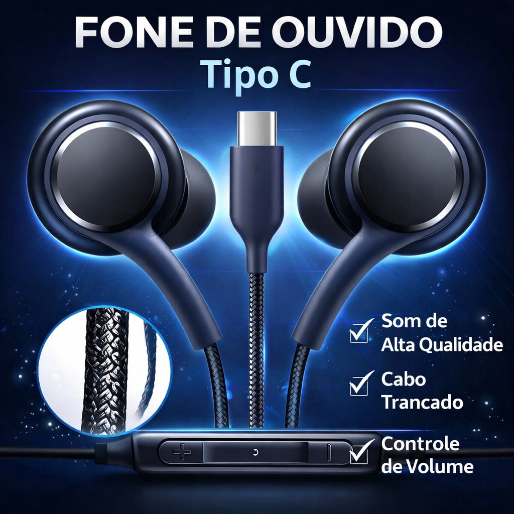Fone de Ouvido Tipo C com Microfone | Cabo Reforçado | Som Alta Qualidade | Controle de Volume | Android USB-C
