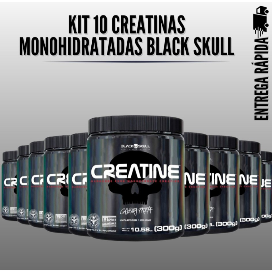 Kit 10 Creatina Monohidratada Black Skull 100% Pura Força Energia Massa Muscular Performance Treino
