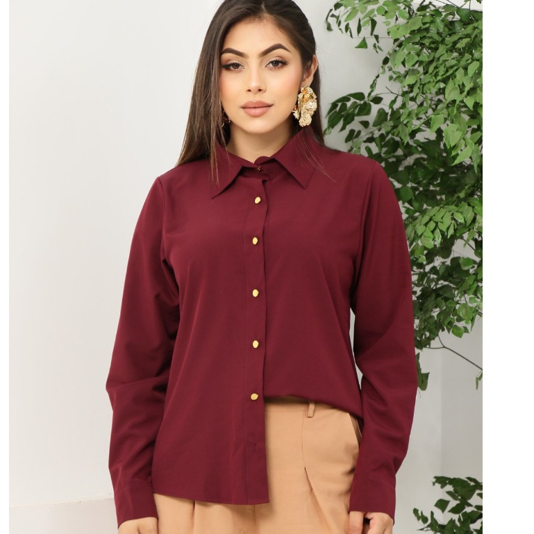 Camisa Feminina Social Colarinho Manga Longa Tecido Leve Liso Poliester com Elastano em Oferta na Shopee