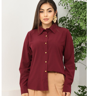 Camisa Feminina Social Colarinho Manga Longa Tecido Leve Liso Poliester com Elastano em Oferta na Shopee