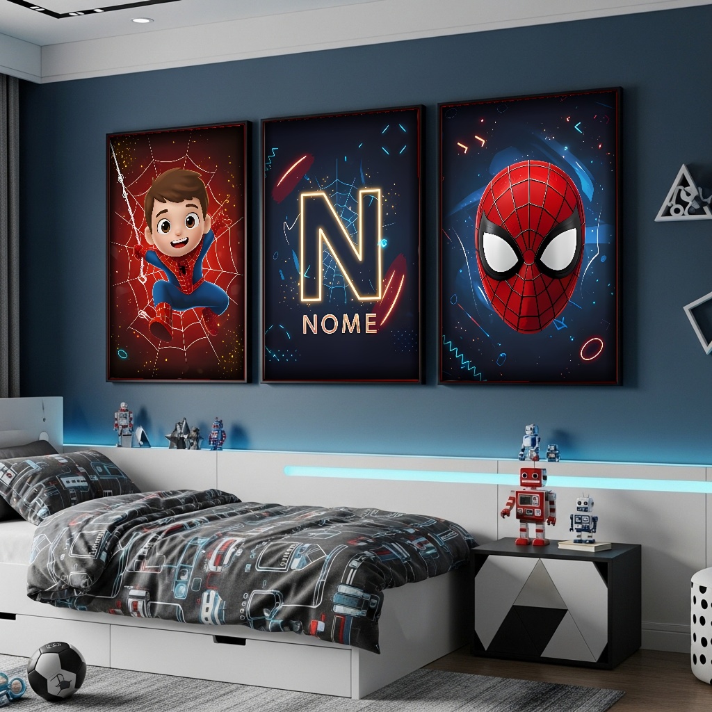 Quadro Decorativo Homem Aranha Com Nome Personalizado Kit 3 Peças Filme Decoração Infantil Menino
