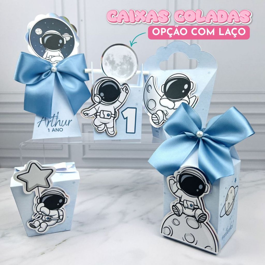 Kit Caixas Lembrancinhas Personalizadas Astronauta Azul Claro | Caixinhas Festa Infantil | Aniversário - Nome e Idade