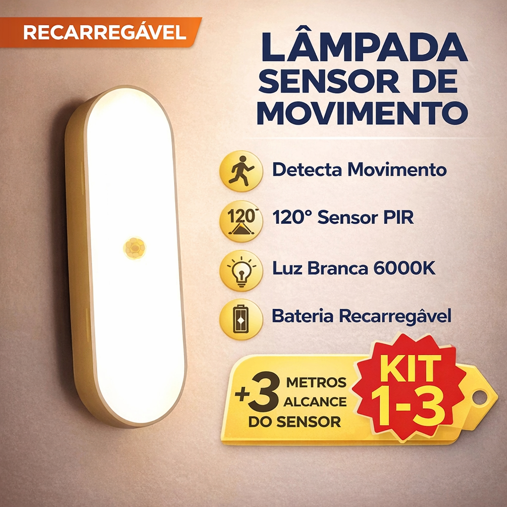 Luz LED Sensor Movimento Recarregável PIR Para Armário Escada Quarto em Oferta na Shopee