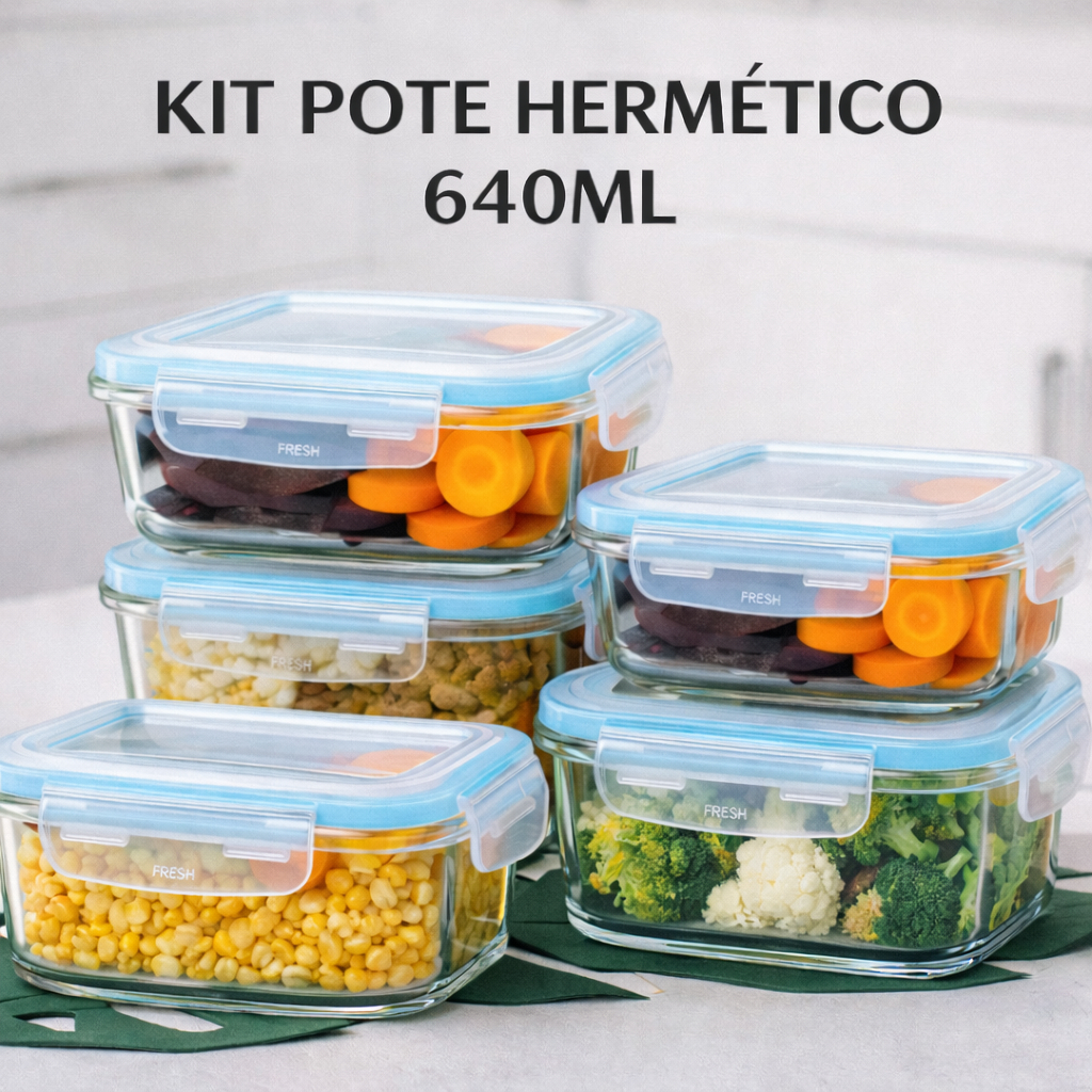 Pote de Vidro Hermetico 640ml Marmita Armazenamento Mantimento Organizador Tampa 4 Travas
