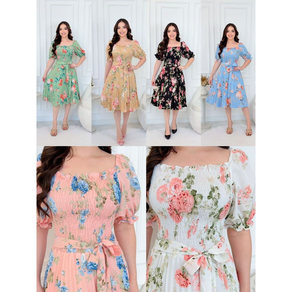 VESTIDO PLISSADO MIDI FLORAL EM ELASTEX NA CINTURA MODA EVANGÉLICA 104