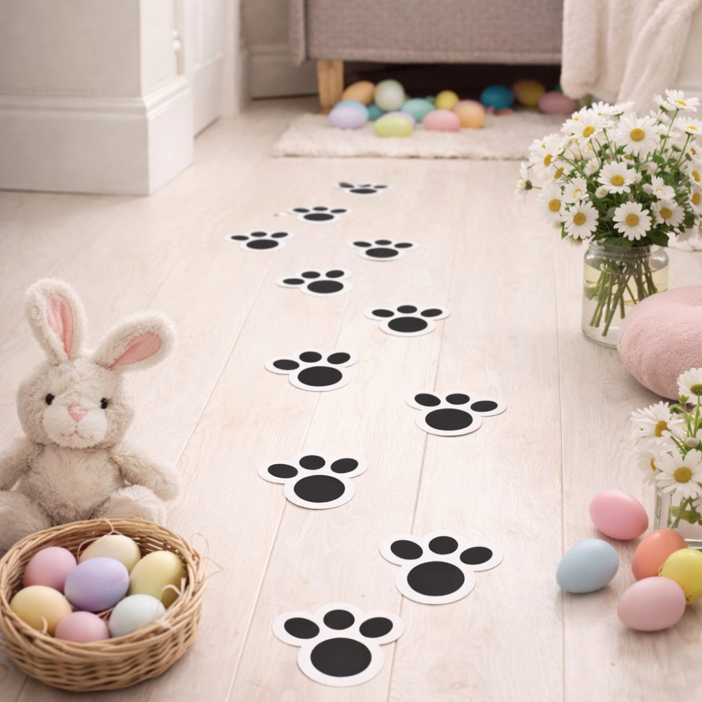 Kit Adesivo Patinha de Coelho , Caça Ovos, 63 Pegadas Coelinho , Brincadeira Infantil Surpresa Feliz Pascoa