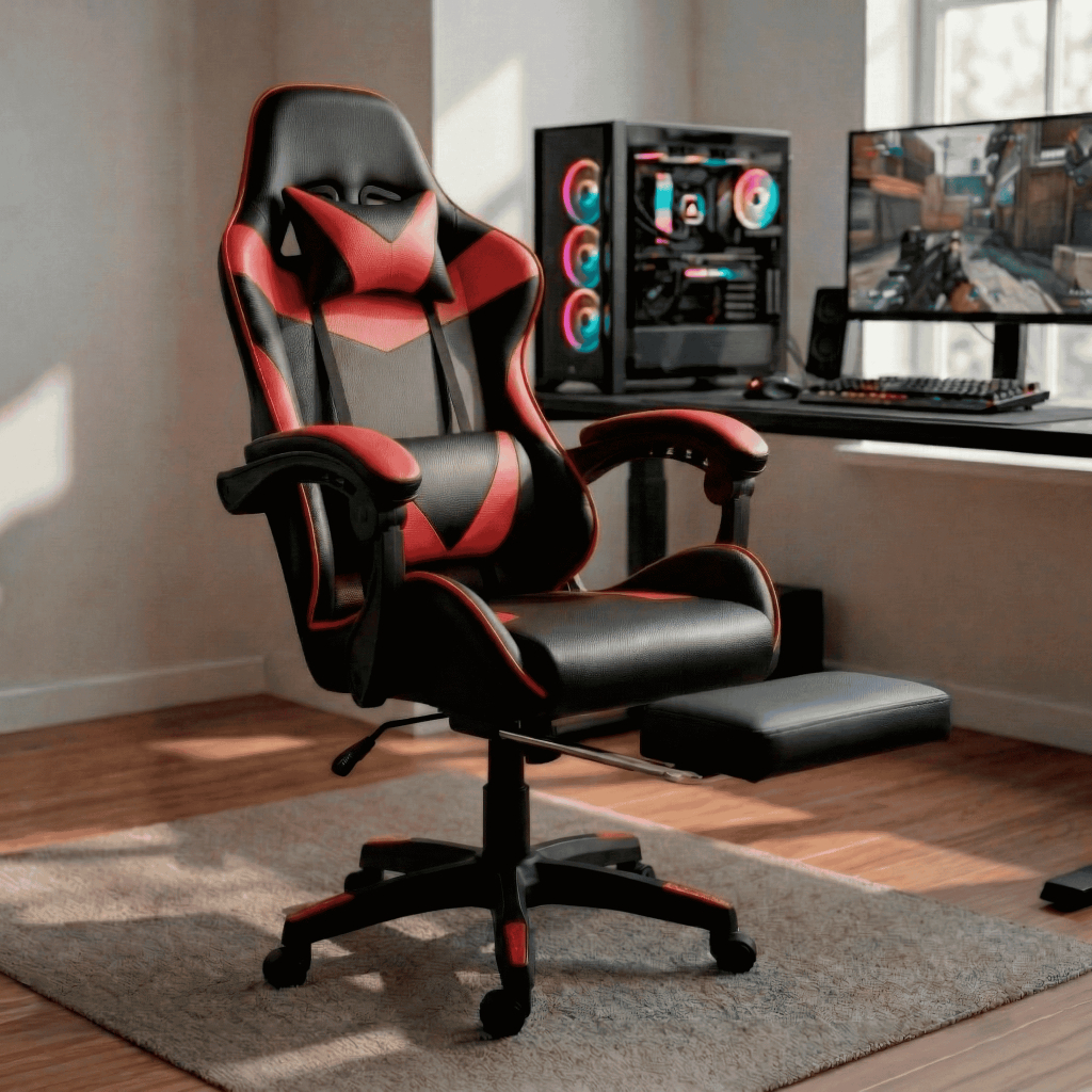 Cadeira Ergonômica Gamer Vermelha com Encosto de Cabeça e Lombar para Escritório com Apoio para Pés
