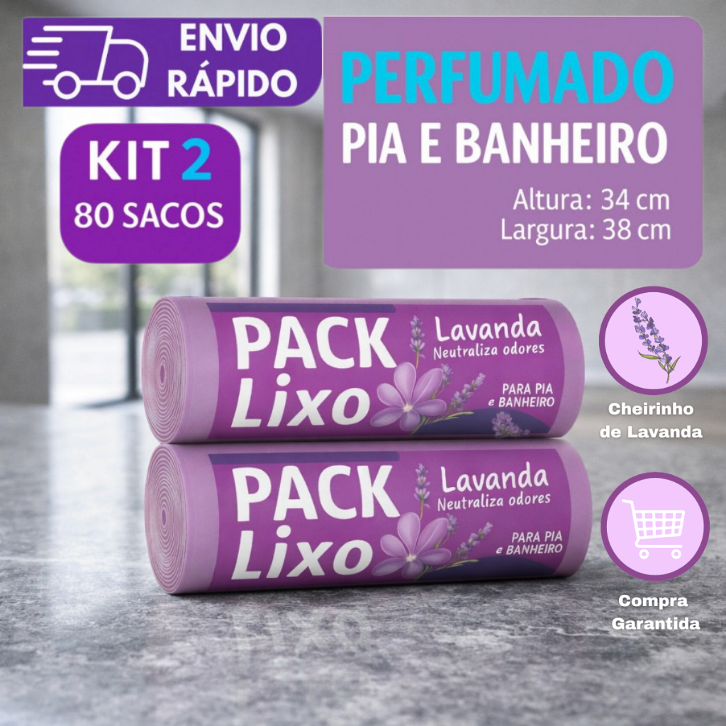 KIT 2 Sacos de Lixo Perfumado Lavanda 80 Unidades Neutraliza Odor Banheiro Pia 34x38cm