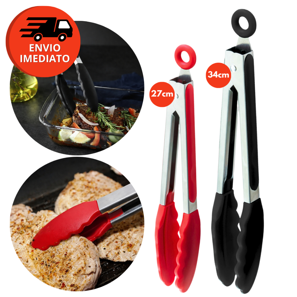 Kit Pegador Alimento 27 e 34Cm Inox E Silicone Com Apoio Carne Churrasco Massa Cozinha Restaurante