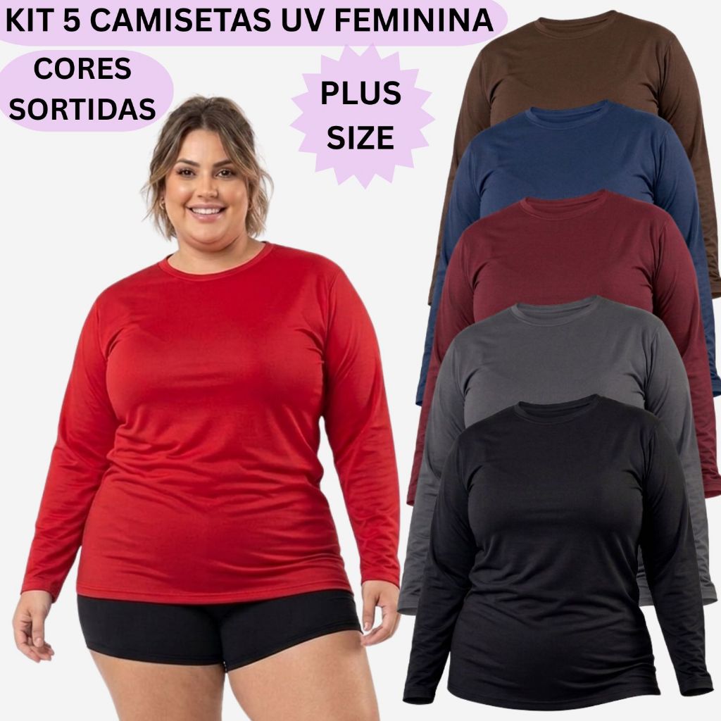 Kit 5 Camisetas Uv Plus Size Feminina Segunda Pele Cores Sortidas Proteção Solar Praia P Ao G3