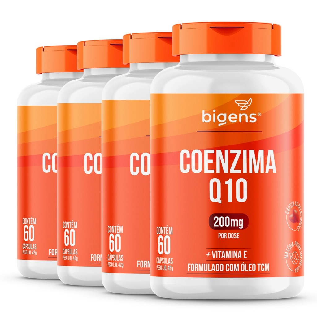 Kit 4x Coenzima Q10 200mg CoQ10 + Vitamina E 60 Cápsulas | Alta Concentração Bigens
