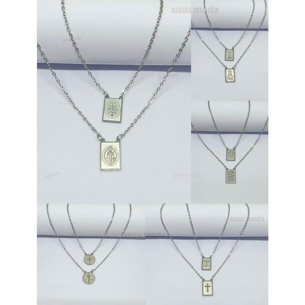 Escapulário Colar Aço Inox são Jorge/Tudo Posso/sao bento Naquele que Me Fortalece e Jesus da Fé Prata Aço Inox 316L