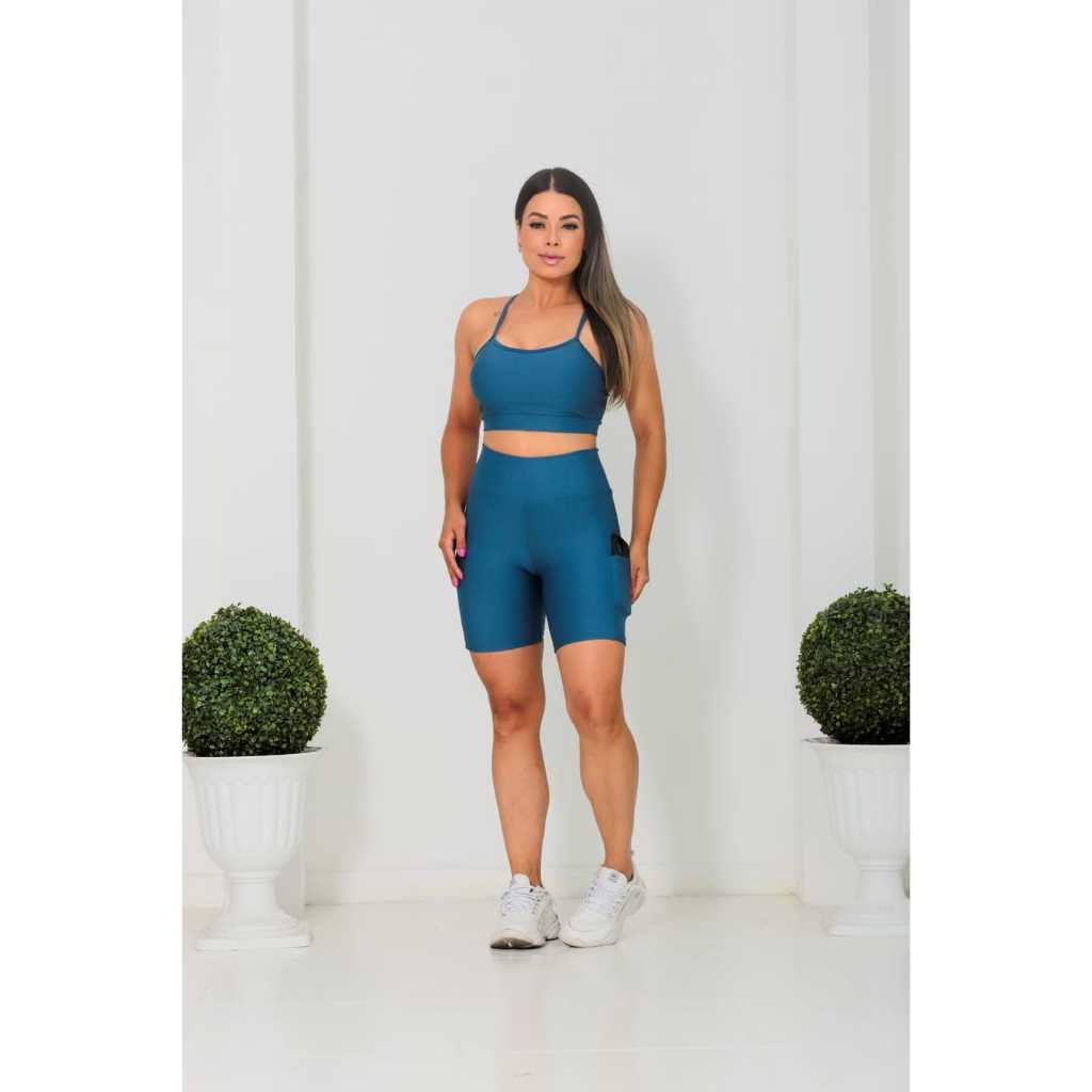 Conjunto Fitness Feminino Academia Short + Top Cintura Alta Com Bolso Alta Compressão
