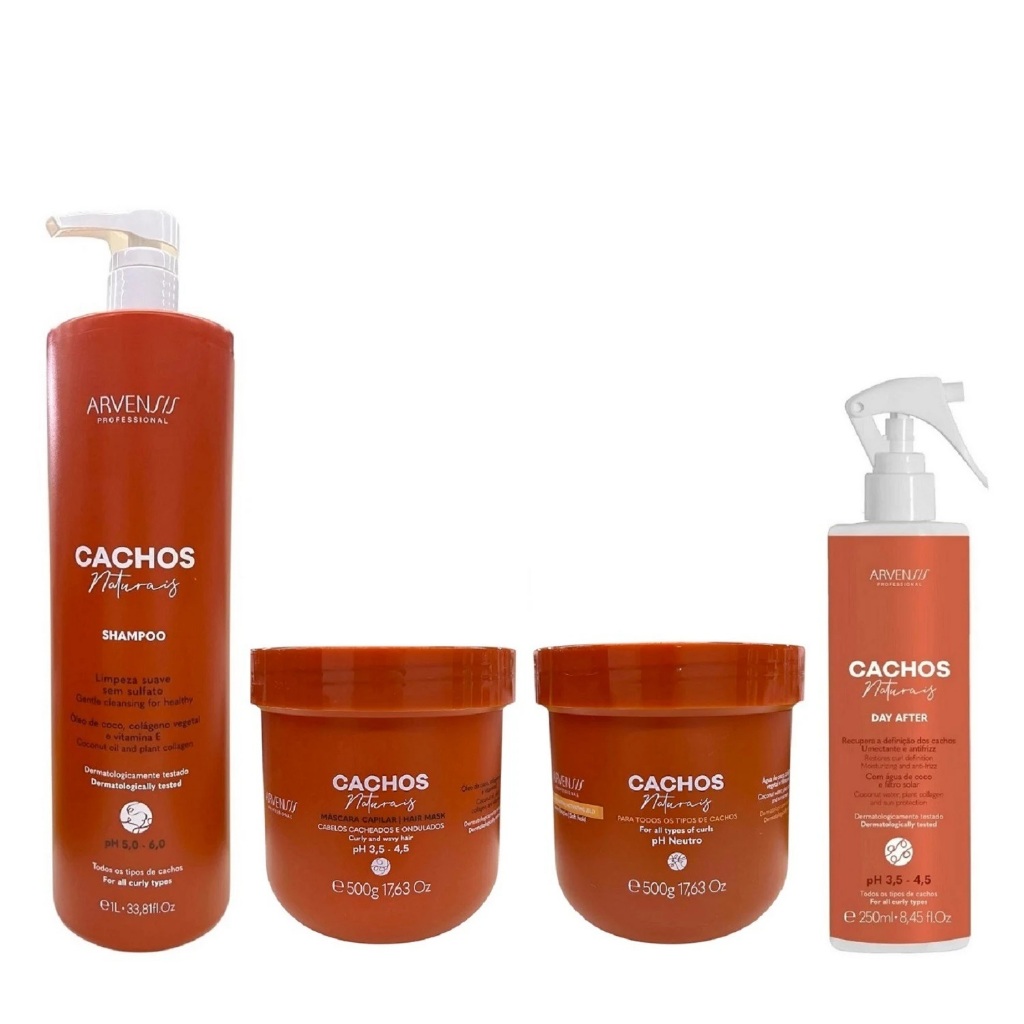 Kit Arvensis Professional Cachos Naturais - Shampoo 1L + Máscara 500g + Geleia Ativadora  Suave 500g + Day After 250ml