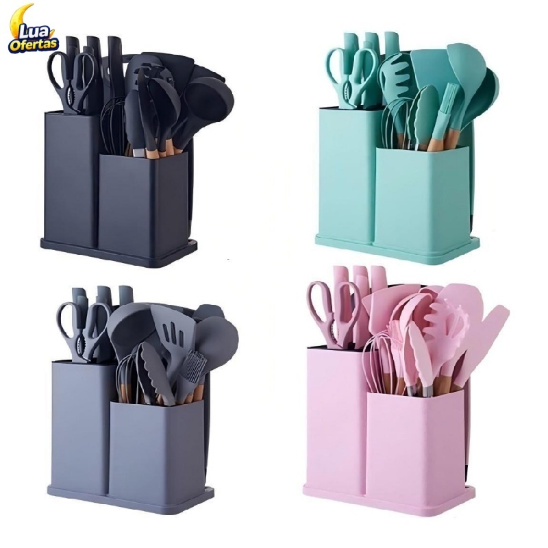Kit 19 Peças Jogo de Utensílios Para Cozinha em Silicone Com Cabo de Madeira Completo
