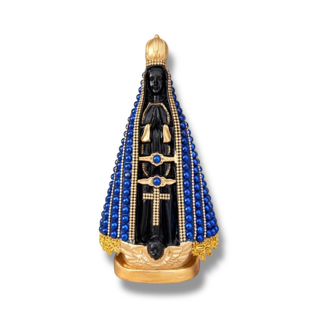 Imagem Nossa Senhora Aparecida 30cm Pérola Azul Meio Preto Casamento Batizado