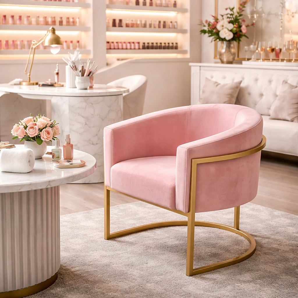 Poltrona Cadeira para Manicure Salão de Beleza Penteadeira de Quarto Base de Ferro Metálica Dourado Alicia Luna